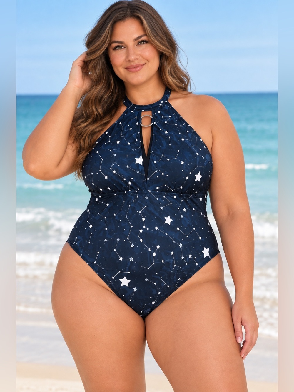 Women's Plus Size 4X One-Piece Swimsuit | Celestial Print | High Neck Cutout
